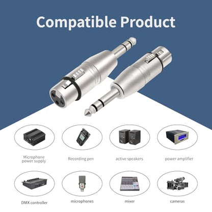 XLR Female to 1/4" TRS Adapter, 2-Pack, Balanced 6.35mm Male to XLR Female Connector for Microphone, Audio Interface, Mixer, Studio Equipment, Professional Audio Cable - color: XLR F TO 1/4" TRS