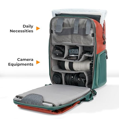K&F CONCEPT 20L Camera Case for Photographers Large Capacity PU Leather Camera Bags with Raincover, 15.6 Inch Laptop Compartment for Camera Drone Bags - color: 06-orange Green