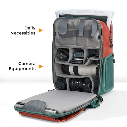 K&F CONCEPT 20L Camera Case for Photographers Large Capacity PU Leather Camera Bags with Raincover, 15.6 Inch Laptop Compartment for Camera Drone Bags - color: 06-orange Green