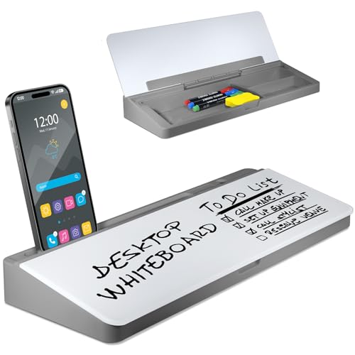 Desktop Whiteboard - Glass Dry Erase White Board - Desk Computer Buddy – Home Office & Studying Essentials - Desktop Pad with Phone & Tablet Slot, Storage Compartment - Includes 4 Markers, 1 Eraser - color: Grey