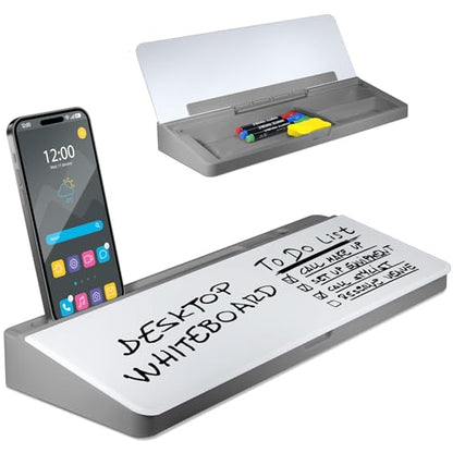 Desktop Whiteboard - Glass Dry Erase White Board - Desk Computer Buddy – Home Office & Studying Essentials - Desktop Pad with Phone & Tablet Slot, Storage Compartment - Includes 4 Markers, 1 Eraser - color: Grey