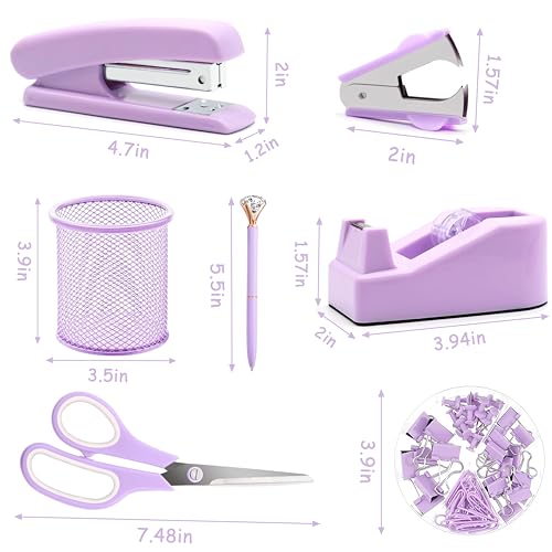 Purple Office Supplies, Purple Desk Accessories, Stapler, Staple Remover, Tape Holder, Pen Holder, Ballpoint Pen, Scissor, Binder Clips, Paper Clips and 1000pcs Staples. - color: Purple