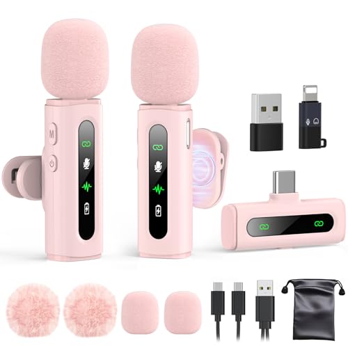 USB C Lavalier Microphone Wireless Mini Mic for Type-C Android Phone/Tablet/PC Video Recording Clip-on Mics with Rotatable Clip&Denoise Recording, Ideal for Vlog Tiktok Youtube Content Creator, Pink - color: Pink, size: Without Charging Case