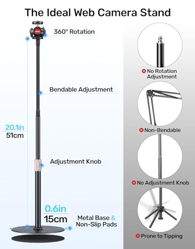 Webcam Tripod Stand with Phone Holder, Gooseneck Arm with 360° Ballhead for Desktop & Overhead Recording, Compatible with Logitech Cam C920 C922 C930e C960 C615 BRIO NexiGo N60 with 1/4'' Thread