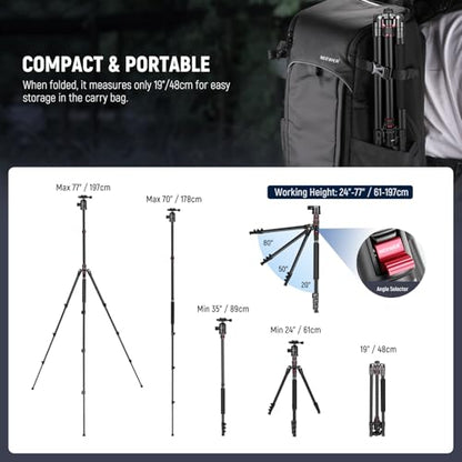 NEEWER 77” Camera Tripod Monopod with Phone Holder, Portable Travel Tripod with Remote, 360° Ball Head, 2 Axis Center Column, Arca QR Plate and Bag, Aluminum DSLR Tripod 34lb Max Load, TP77 - style: Travel Tripod with Remote