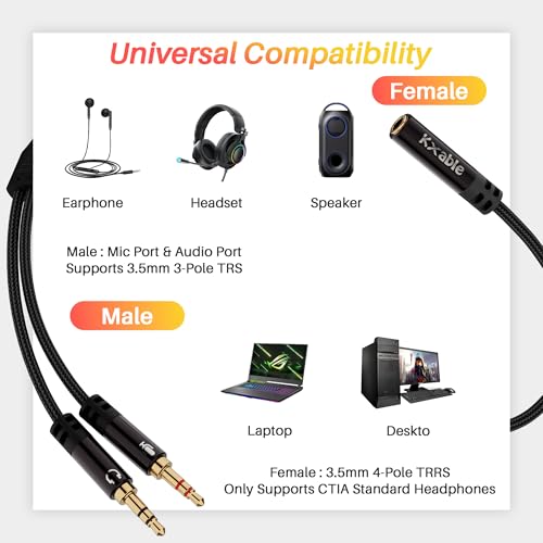 Kxable Headphone Splitter for Computer, 3.5mm Female to Dual 3.5mm Male Audio Splitter Cable, Stereo Jack Earphones Headset to PC Laptop Adapter, 1/8inch 2-in-1 Y Separator Aux Dongle Converters, 1FT - size: 1FT