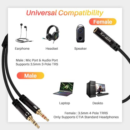 Kxable Headphone Splitter for Computer, 3.5mm Female to Dual 3.5mm Male Audio Splitter Cable, Stereo Jack Earphones Headset to PC Laptop Adapter, 1/8inch 2-in-1 Y Separator Aux Dongle Converters, 6FT - size: 6FT