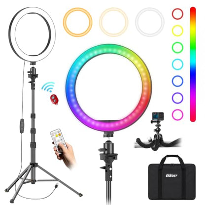 EMART 10" Ring Light with 51" Extendable Tripod Stand Phone Holder Wireless Bluetooth Remote,16 RGB Colors 13 Dynamic Modes & 10 Brightness Levels Selfie Ringlight for Phone Live Streaming Makeup - size: 10'' RGB