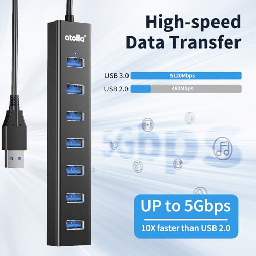 atolla Aluminum 7-Port USB 3.0 Hub with 1m Extension Cable - 5Gbps High-Speed Data Transfer for MacBook Pro, Laptop, PC, Gaming Setup - color: Black