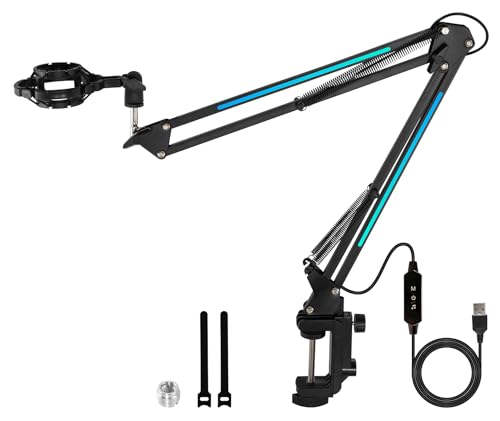 Technical Pro MKL2 Microphone Boom Arm Stand with LED Lighting - 27.6" Articulating Arm, 360° Rotation, Spider Shock Mount, C-Clamp - duoCo StripX App Control - 5V USB Power - 3.5 lb Capacity - Black