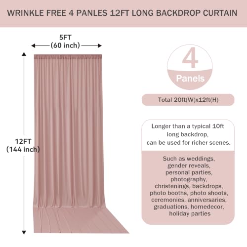 20FTx12FT Dusty Pink Wrinkle-Free Wedding Backdrop Curtain -Silky Washable White Polyester Drapes for Baby Showers, Birthday Parties, Photography, and Wedding Receptions-4 Panels 5FTx12FT - color: Dusty Pink, size: W5' x H12'(4 panels)