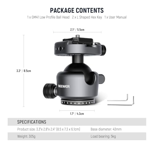NEEWER GM41 Low Profile Tripod Ball Head, 40mm Metal Panoramic Camera Mount Adapter with 1/4" Arca Type QR Plate Compatible with PD, 360° Swivel & 90° Tilt, Max Load 11lb