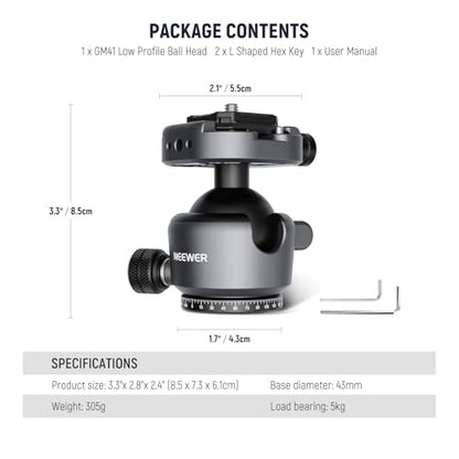 NEEWER GM41 Low Profile Tripod Ball Head, 40mm Metal Panoramic Camera Mount Adapter with 1/4" Arca Type QR Plate Compatible with PD, 360° Swivel & 90° Tilt, Max Load 11lb