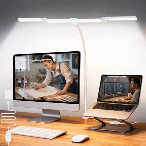 LED Desk Lamp for Office Home, Adjustable 3 Head Computer Monitor Light with Clamp, Eye Caring Clip on Desk Light Stepless Dimming, Auto-off Timer Architect Desk Lamp for Reading Study Workbench White - color: White