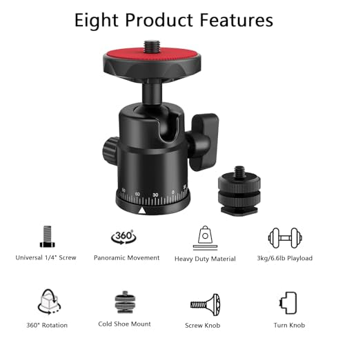 Universal 1/4" Swivel Mini Ball Head Screw Tripod Mount with Hot Shoe Mount, EszkozTA 360° Panoramic Rotating Mount Base Adapter for DSLR Cameras HTC Vive Tripods Monopods Light Stand - color: Red