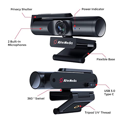 AVerMedia Live Streamer CAM 513-4K 30 fps UHD, Ultra Wide Angle Webcam with Fixed-Focus Glass Lens, for Indoor Lighting, Works with OBS, Zoom, Black