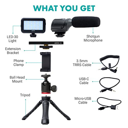 Movo uVlogger- Android/USB-C Compatible Vlogging Kit Smartphone Video Kit Accessories: Tripod, Mount, LED Light and Cellphone Shotgun Microphone for Video Recording for YouTube, Vlog