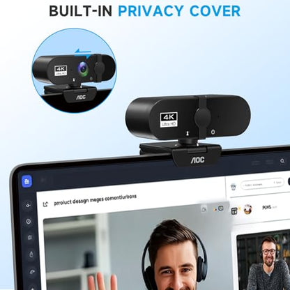 AOC 4k Webcam for PC with Microphone, Computer Camera with Noise Cancellation, Privacy Cover, 99° FOV, Plug & Play USB Webcam for Streaming, Conferencing, Zoom, Skype, Facetime, Laptop, PC, Skype - color: Black