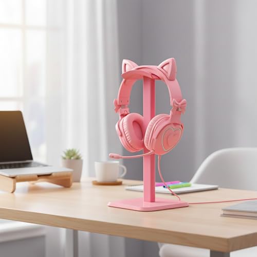Headphone Stand, Universal Aluminum Alloy Headset Holder with Anti-Slip Base, Stable Supporting Bar for All Headphone Sizes, Ideal for Desk, Gaming, Office, Music Studio, Pink - color: Pink