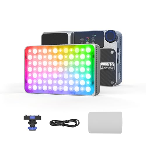 amaran Ace 25c Video Light,25w RGB Portable Light for Photography On-Camera Video Lights CRI/TLCI 95+,CCT 2,300K-10,000K,Rechargeable Dimmable Vlog Light,APP Control,PD Charging (Silver) - color: Silver