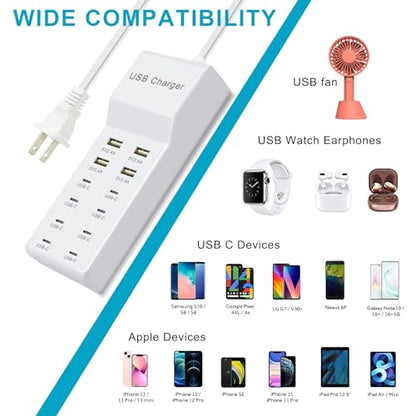 USB C Power Strip, 100W USB Charging Station 4 USB-A Ports and 8 USB-C Ports Multiple USB Charging Block with Auto-Detect Technology Compatible with Smart iPhone Tablet Laptop Multiple Devices