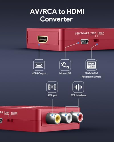 ABLEWE RCA to HDMI,AV to HDMI Converter, 1080P Mini RCA Composite CVBS Video Audio Converter Adapter Supporting PAL/NTSC for TV/PC/ PS3/ STB/Xbox VHS/VCR/Blue-Ray DVD Players, Red - color: Red