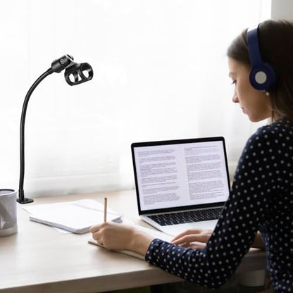 QWORK Gooseneck Microphone Stand 13 Inch, Clamp-On Desktop Mic Stand with 360° Flexible Arm, Heavy-Duty Desk Mount, 3/8" to 5/8" Adapter & Mic Clip for Podcasting, Streaming, Podium