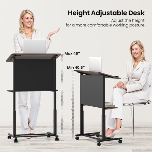 Giantex Mobile Podium Stand, Adjustable Rolling Laptop Desk with 4 Wheels & Tilting Desktop, Sit-to-Stand Lectern Podium Standing Desk w/Storage Shelf & Cable Hole for Classroom Church Home Office (1)