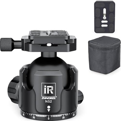 Low Profile Tripod Ball Head-INNOREL N52, Black, Panoramic CNC Metal Camera Tripod Ball Head with Two 1/4" Screw Arca Swiss Quick Release Plates for Tripod, Monopod,DSLR,Camcorder, Max Load 66lbs/30kg - size: N52-Black