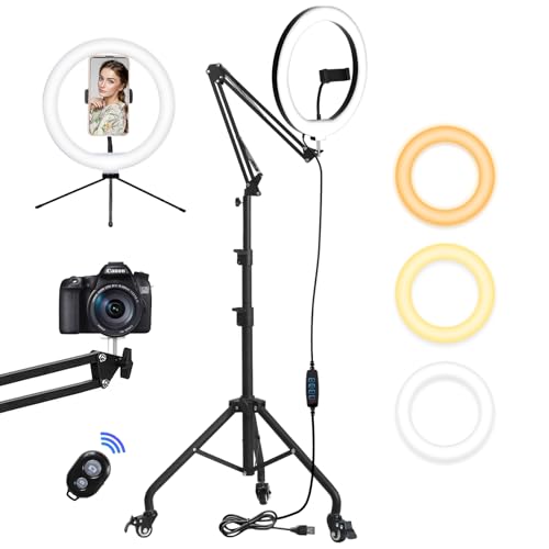Yoobao 12" Ring Light with Stand, 81" Tripod with Overhead Foldable Arm, Phone Mount & Casters, 3 Light Modes & 10 Brightness, LED Selfie Light for Live Streaming YouTube TikTok Photography