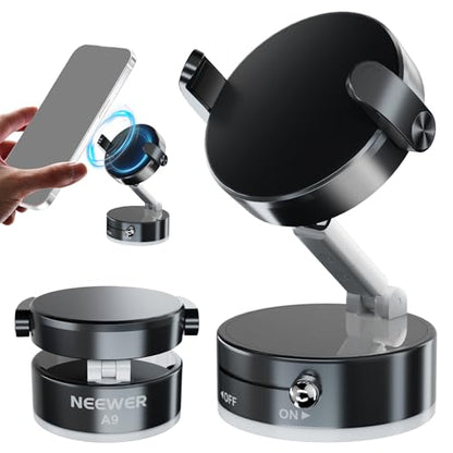 NEEWER ENTRY LEVEL VERSION Magnetic Cell Phone Holder Mount Stand Foldable with Vacuum Suction Cup for Your Car Windshield Dash Gym, 360 Rotating Compatible with MagSafe iPhone for Video Recording, A9