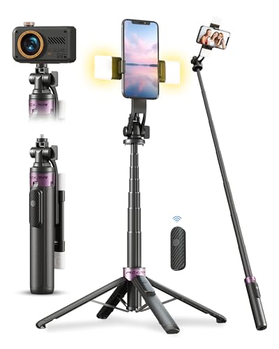 53'' Selfie Stick Tripod with Light, Enhanced 4-Leg Cell Phone Stand Camera Tripod with Rechargeable Wireless Remote & 2 Fill Light, Portable Selfie Stick Travel Essentials for iPhone Android - color: Black A