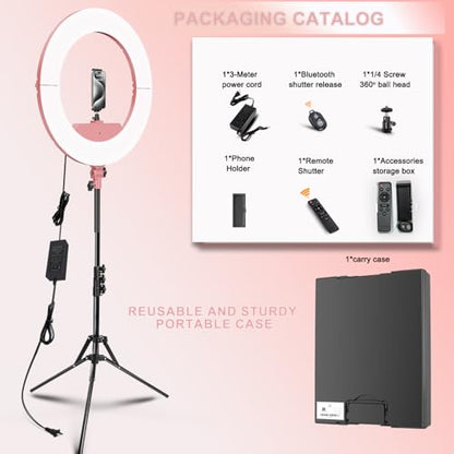 Ring Light 18 INCH Kit,55W6700k Dimmable LED Light, Tripod Stand, Remote Controller,Box for Camera,Smartphone,YouTube,TikTok,Self-Portrait Shooting,CRI95 (Pink) - color: Pink