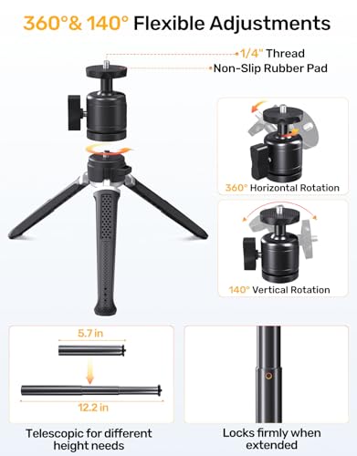 Webcam Tripod for Desk, Extendable Web Cam Stand Mount with Phone Holder for Logitech Webcam C920 C922 C922x C925e C930 C930e C615 Brio 4K NexiGo N60, GoPro Camera and Ring Light with 1/4" Thread - size: Tripod Base