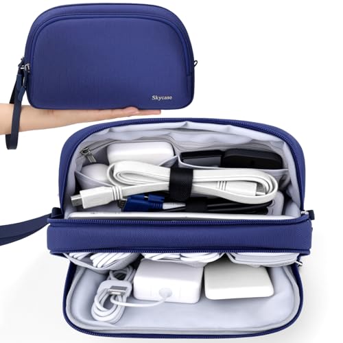 Skycase Travel Cable Organizer - Lightweight Water Resistant Dual-Layer Tech Pouch with Wrist Strap 11 Compartments Electronic Organizer Travel Case for Charger Cord Hard Drive,Large,Blue - color: Blue, style: L