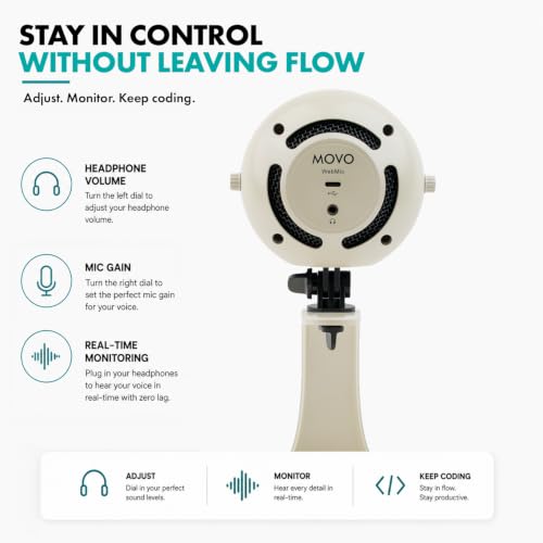 Movo WebMic USB Dictation Microphone in White – Cardioid for Vibe Coding | Cardioid Pickup Rejects Background Noise For Accurate Dictation. Gain Knob, Headphone Out, Mute. Desktop Stand, No Drivers. - color: Pearl White