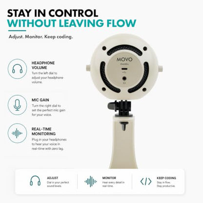 Movo WebMic USB Dictation Microphone in White – Cardioid for Vibe Coding | Cardioid Pickup Rejects Background Noise For Accurate Dictation. Gain Knob, Headphone Out, Mute. Desktop Stand, No Drivers. - color: Pearl White