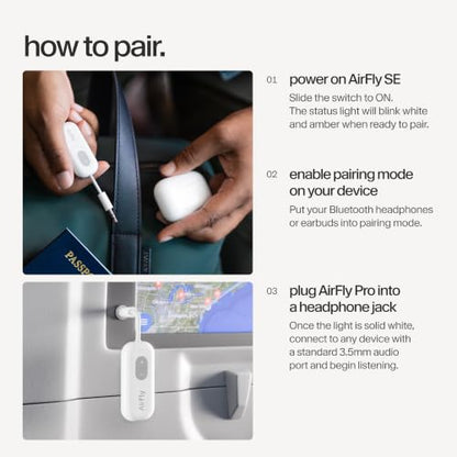 Twelve South AirFly SE | Bluetooth Wireless Audio Transmitter Adapter for AirPods/Headphones, 20+ Hr Battery, Works with 3.5mm aux Jacks on Airplanes, TVs, Gym Equipment, and Travel - color: White, style: AirFly SE