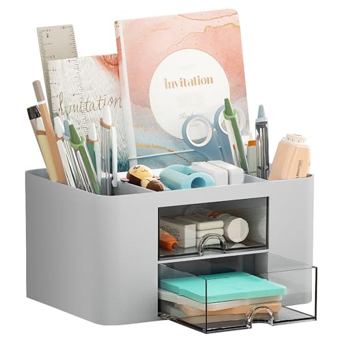 Marbrasse Pen Organizer with 2 Drawer, Multi-Functional Pencil Holder for Desk, Desk Organizers and Accessories with 5 Compartments + Drawer for Office Art Supplies (Grey) - color: Grey