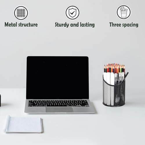 MINDEPOT 2 Pack Mesh Pencil Holder Pen Cup for Desk Round Black Pen Holder Desktop Pen Organizer 3 Compartments Pencil Organizer Desk Organizer for Office Home School