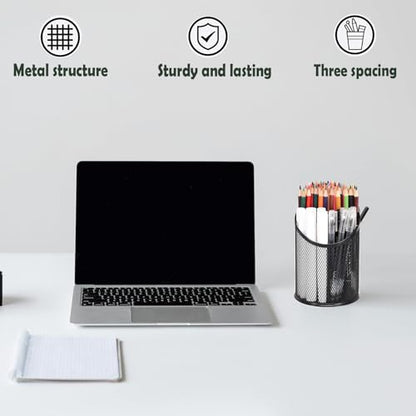 MINDEPOT 2 Pack Mesh Pencil Holder Pen Cup for Desk Round Black Pen Holder Desktop Pen Organizer 3 Compartments Pencil Organizer Desk Organizer for Office Home School