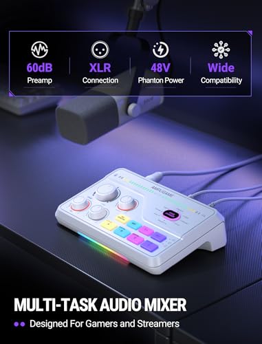 FIFINE Audio Mixer for Gaming with 7.1ch Surround Sound-Volume Knob-Mute-Voice Chat, RGB Computer Mixer with XLR Mic Interface Compatible wtih TV for Live Streaming-AmpliGame SC8W
