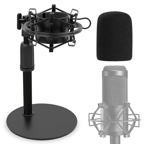 Upgraded AT2020 Desktop Mic Stand, Adjustable Mic Stand Desk with Shock Mount and Foam Windscreen for Audio Technica AT2020 AT2020USB+ AT2035 ATR2500 Condenser Mic