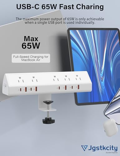 Desk Clamp Power Strip 65W Fast Charging Station,4 PD USB-C,5 Outlets,Nightstand Desk Edge Mount Tower Surge Protector,15 Amp Heavy Duty Power Strip,Fits 1.96" Tabletop Edge (White, 6 FT Cable) - color: White, size: 6 FT Cable