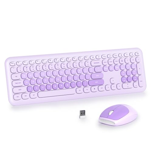 Light Purple Quiet Keyboard and Mouse Wireless, Retro Typewriter 104-Key Fullsize Keyboard Round Keys for Home Office Dorms PC/Laptop/Desktop(Diary Purple) - color: Diary Purple
