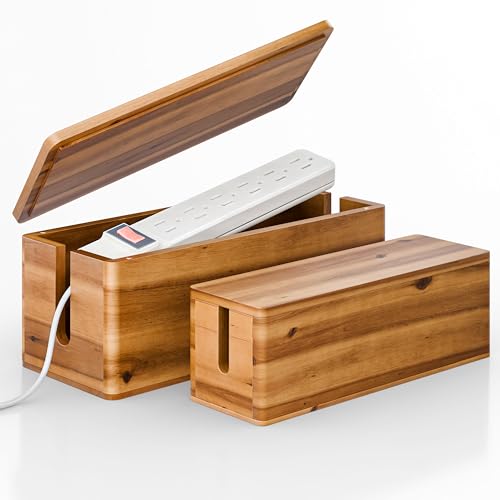TIDITA Acacia Large Cable Management Box - Set of 2 Cord Box Hider for Home, Office - Cable Hider Box, Surge Protector Box for TV Wires, Computer - Power Strip Box with 2 Open Slots, Magnetic Lid - color: Acacia, size: 16"+13.5"