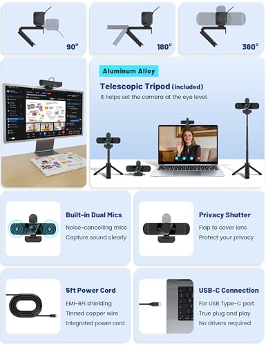 Pro HD 1080p/30fps Webcam with Tripod, External USB-C Camera for PC/Laptop | Dual noise-cancelling mics | Auto-focus | Wide-angle | Low-light correction | 360° rotation | CMOS sensor | Plug and Play - style: 1080p | 30fps | USB-C Cable | Tripod Included