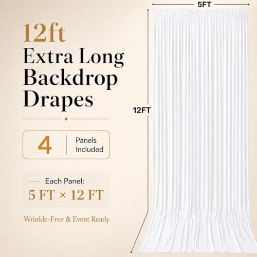 20ft x 12ft White Backdrop Curtains, Wrinkle Free Thick Fabric Polyester Curtains Backdrop Drapes Cover for Parties Wedding Birthday Photography Background, 4 Panels 5ft x 12ft - color: White, size: 20FT(W) x 12FT(H)