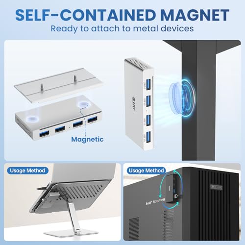 EJAY Magnetic USB 3.0 Hub, 4-Port Desk Mount USB Hub with 59in Data Cable, Industrial-Strength Magnetic Hub to Attach to a Desk/PC Case, Powered USB 3.0 Hub for PC, Mac, Desktop, Silver - color: Silver