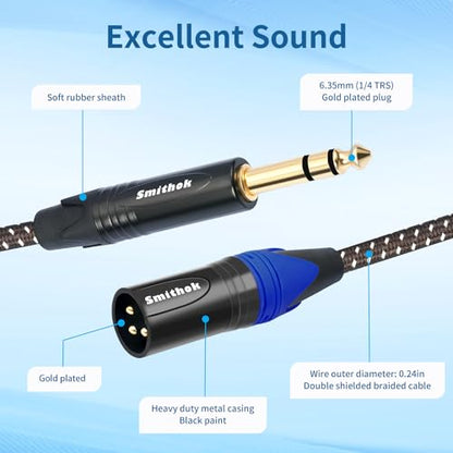 Smithok 2Pack 1/4" to XLR Cable,Heavy Duty Nylon Braided,Gold Plated Plug,Balanced 1/4" TRS to XLR Male Patch Cable, Quarter Inch 6.35mm to 3pin XLR Male Microphone Cable -6.6ft